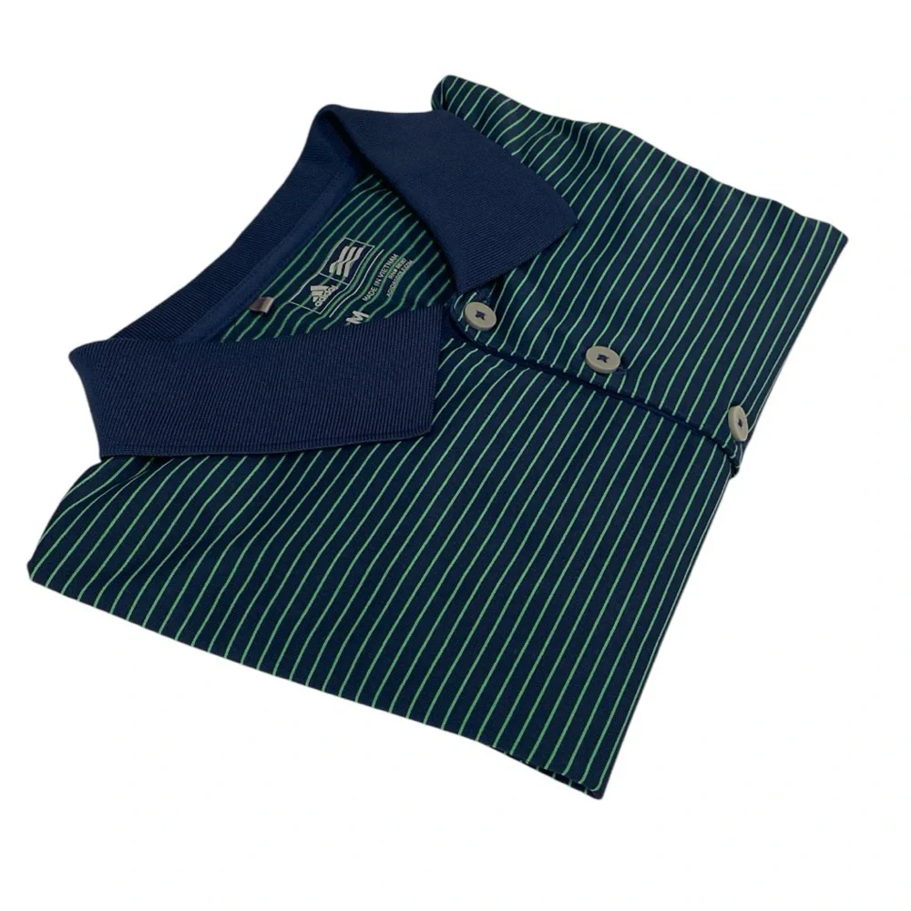 Adidas Navy Blue & Green 3 Button Collared SS Golf Polo Shirt - Medium